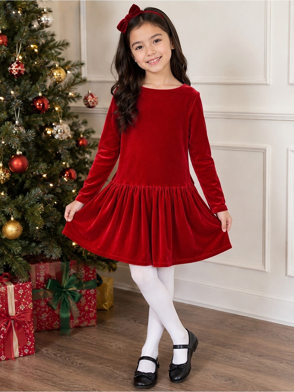 art class Red Velvet Long-Sleeve Twirl Dress - Picture 2 of 9